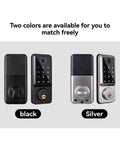 Auto Locking Smart Deadbolt With Touchless Fingerprint Entry And Magnetic Door Sensor Including Lightning Fast Unlocking Bluetooth App Control With Time Limited Guest Keys And Real Time Activity Logs For Total Peace Of Mind in black and silver colors.