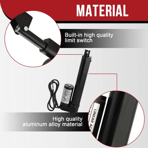 Tough As Nails 12 Volt Linear Actuator With Six Inch Stroke And Mounting Brackets IP54 Waterproof Aluminum Housing close-up showing material construction.