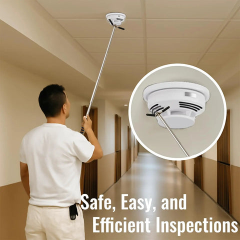 Rock Solid Extendable Tester Pole Built From Heavy Duty Stainless Steel Reach High Ceiling Smoke Alarms And Exit Signs With Ease being used for inspections.