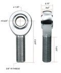 Heavy Duty 5/8 Inch Heim Joints Rod End Kit Built Damn Tough With Hard Chrome Plated Chromoly Steel showing dimensions and threaded design.
