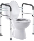 Heavy Duty Toilet Safety Rails Delivering 350 Lbs Weight Capacity With Adjustable Height And Width Bathroom Grab Bars beside a toilet.