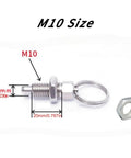Bulletproof Stainless Steel Spring Plunger Pins Two Piece Kit M10 By Twenty Millimeter with pull ring and dimensions shown.