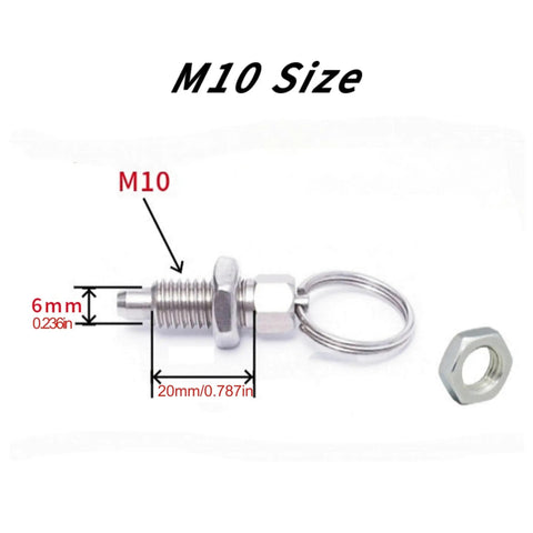 Bulletproof Stainless Steel Spring Plunger Pins Two Piece Kit M10 By Twenty Millimeter with pull ring and dimensions shown.