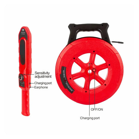 Dead On Stud Finder Wall Scanner With Wireless Pipe And Cable Blockage Detector Waterproof Probe showing sensitivity adjustment and charging ports.