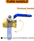 Beefy Two Pack Half Inch Full Port Brass Ball Valve with Blue Handle, showing 90-degree turn rotation and thickened handle detail.