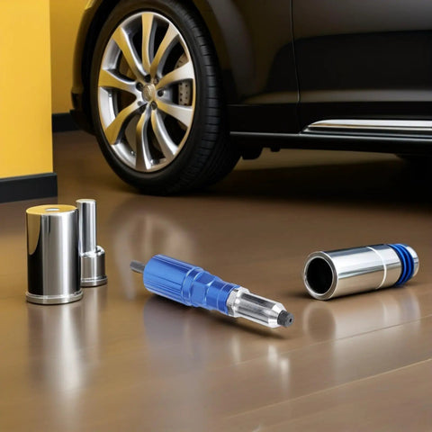 Electric Rivet Nut Tool Adapter Kit with Aluminum Alloy Converter Head and Plastic Case shown on wooden floor