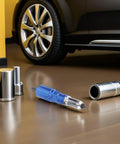 Cordless Rivet Nut Setter Tool Kit For Metal With Aluminum Alloy And Plastic Durable Build next to car wheel