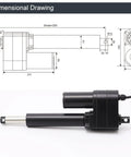 Dimensional drawing and side view of Badass DC 12V Electric Linear Actuator Pumping 10000N Of Gnarly Push Force.