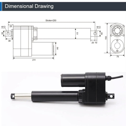 Dimensional drawing and profile of Heavy Duty Electric Linear Actuator DC 12V 7000N Rock Solid Push Motor Lifter.