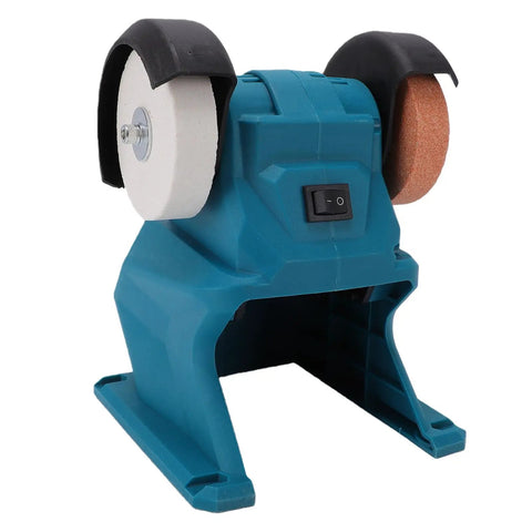 Go Anywhere Cordless Mini Bench Grinder Spinning 5500 Rpm Through Dual 70mm Wheels with blue plastic frame and switch.