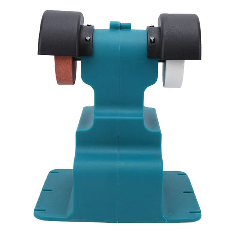 Cordless Mini Bench Grinder Featuring Two 4000Mah Cells 200 Watt Power 7000 RPM Speed 70mm Grinding Wheel from front view.