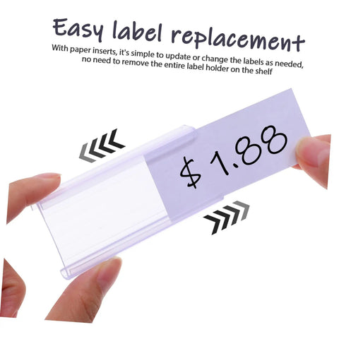 Hand holding Heavy Duty PVC Wire Shelf Label Holders 30 Pack Clear Display Fronts with label insertion for easy price tag swaps.