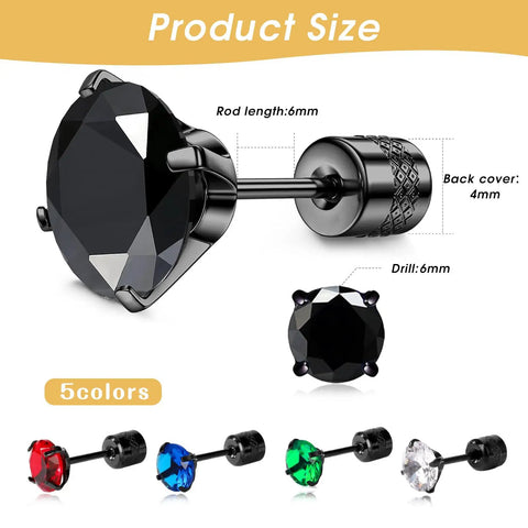 Top Tier Titanium Screw Back Stud Earrings For Women And Men Featuring Hypoallergenic Surgical Steel with 6mm cubic zirconia, black.