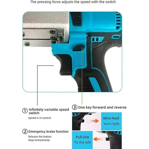 Cordless stringing machine control panel showing variable speed switch and emergency brake feature for wire feeding.
