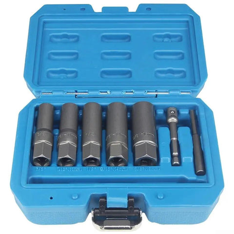 Five Piece Deep Socket Set For Damaged Nuts And Stripped Bolts With Reverse Thread Grip in blue case