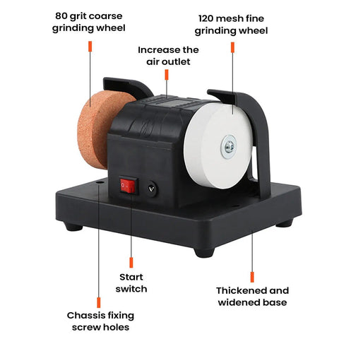 Badass Compact Table Grinder Featuring Dual Polish Discs For Quick Blade Sharpening Rust Stripping And Smooth Benchtop Finishing with 80 grit coarse and 120 mesh fine wheels.