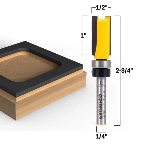 Pro Grade Four Piece Flush Trim Router Bit Set Half Inch Diameter Quarter Inch Shank One Quarter To One Inch Cut Lengths showing dimensions.