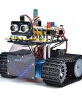 Dope Mini Smart Tank Robot V3 Programmable STEM Kit For Makers Compatible With Arduino And Mixly Line Tracking Light Following Fire Extinguishing Fun Easy Assembly For Students And Makerspaces, black tracked robot kit with metal sensors and wheels