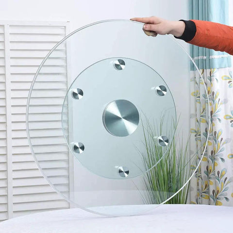 Heavy Duty Tempered Glass Lazy Susan Turntable showcasing clear design with sturdy base and smooth spin feature.