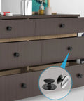 Hella Durable Self Adhesive Cabinet Knobs Top Shelf Hardware Super Sleek Black Finish For Kitchen Drawers And Cupboards, mounted on dark cabinet.