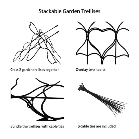 Stackable Metal Garden Trellis Set for Indoor and Outdoor Climbing Plants Dope 3 Pack Plant Support diagram showing assembly options.