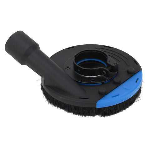 Badass Angle Grinder Dust Collecting Guard For 100Mm And 115Mm Small Grinders With Osha Compliant Triple Layer Concrete Filtering And Reinforced Abs Protective Shield Cover attachment with black brush and blue detail.