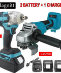 Bad Boy Brushless Angle Grinder And Impact Wrench Combo Kit with 125mm grinding cup and 2 batteries, ideal for heavy lifting.