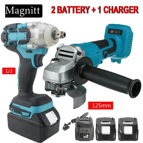 Bad Boy Brushless Angle Grinder And Impact Wrench Combo Kit with 125mm grinding cup and 2 batteries, ideal for heavy lifting.