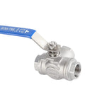 304 Stainless Steel Three Way Ball Valve One Half Inch Female Thread with blue handle for industrial plumbing applications.