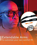 Close view of Battle Tested NoIR Laser Safety Glasses featuring adjustable arms for a customizable fit and UV protection.
