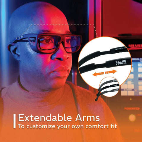 Close view of Battle Tested NoIR Laser Safety Glasses featuring adjustable arms for a customizable fit and UV protection.