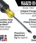 Top Shelf Mini Flathead Screwdriver With Zero Play Three Thirty Two Inch Cabinet Tip And Three Inch Round Shank Featuring Kick Butt Premium Comfort Grip Handle Built Tough For Daily Grind Jobs showing chrome-plated shank and cushion grip.