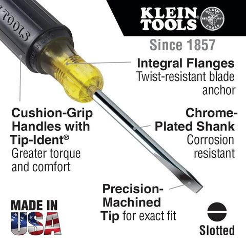 Top Shelf Mini Flathead Screwdriver With Zero Play Three Thirty Two Inch Cabinet Tip And Three Inch Round Shank Featuring Kick Butt Premium Comfort Grip Handle Built Tough For Daily Grind Jobs showing chrome-plated shank and cushion grip.
