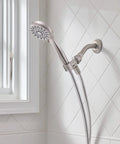 Five Function Handheld Shower Head With Brushed Nickel Spot Resistant Finish, 2.5 GPM Flow installed in shower