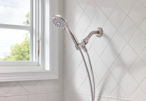 Five Function Handheld Shower Head With Brushed Nickel Spot Resistant Finish, 2.5 GPM Flow installed in shower