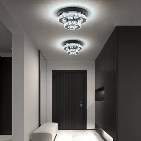 Crystal Chandeliers For Dining Room And Hallway Lighting, Chrome LED Ceiling Light, Semi Flush Mount, Clear Crystal Drops, 9.8 Inch Wide, 6000K Daylight White, Dope Modern Glam Illumination For Indoor Living Spaces