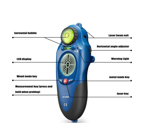 Heavy Duty Industrial Stud Finder Wall Scanner Straight Up Accurate Detector showing LCD, buttons, and horizontal bubble detail.