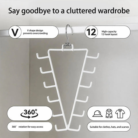 Game Changing Dual Side Closet Hanger With Twelve Rotating Hooks For Organizing Belts Scarves Ties And Gear; white V-shaped design.