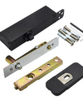 Killer Heavy Duty Pivot Hinges Featuring Hydraulic Buffer Action For Hella Smooth Silent Swinging Hidden Wood Door Hardware With Clean Black Finish Built Tough For Interior Entry Doors Zero Drama Setup parts including screws and bolts.