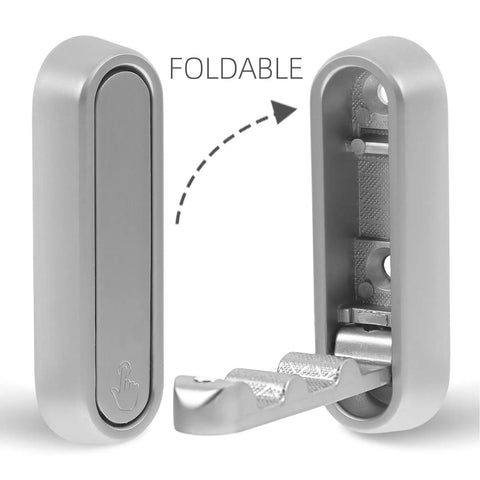No Sweat Foldable Invisible Wall Hooks Zinc Alloy Storage Hangers 4 Pack showing a foldable silver hook design for space-saving.