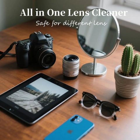 Camera with lens on a wooden desk, beside sunglasses, tablet, blue smartphone, mirror, and a cactus