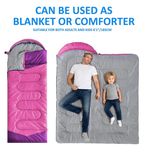 All Season Camping Sleeping Bag for Adults and Kids, Lightweight and Waterproof, shown as blanket with adult and child