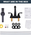 Matte Black Bathroom Sink Faucet 4 Inch Centerset 2 Handle With Pop Up Drain Stopper Lavatory Vanity Faucet components layout.