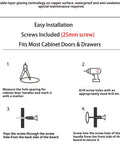 Gold Cabinet Knobs 2 Pack installation guide, steps showing measuring, drilling, and screwing for cabinets and drawers.