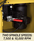 Close-up of Heavy Duty 5 HP Spindle Shaper With Cast Iron Base And Digital Readout showing two spindle speeds 7500 and 10000 RPM.