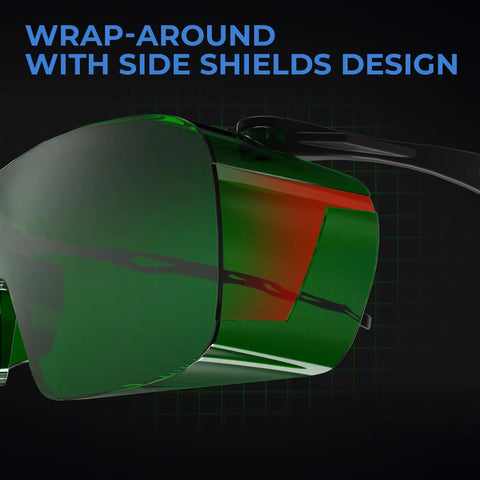 Kickass Laser Safety Glasses With OD4 Plus Protection For 180nm To 660nm Wavelengths, showcasing wraparound design and side shields.