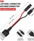Built Tough 50A Solar Panel Connector With 10AWG Tinned Copper Extension Cable For Solar Generators Inverters And Battery Pack Chargers Five Foot Cord Length with two connectors and measurements.