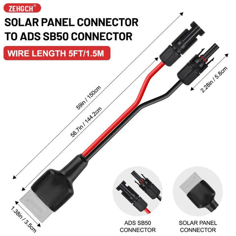 Built Tough 50A Solar Panel Connector With 10AWG Tinned Copper Extension Cable For Solar Generators Inverters And Battery Pack Chargers Five Foot Cord Length with two connectors and measurements.