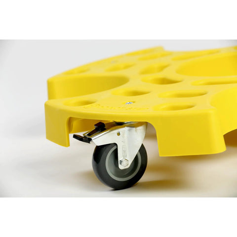 Close-up of Heavy Duty Badass Tire Taxi Glider With Locking Casters, yellow base and locking caster wheels for tire transport.