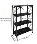 Super Durable Triple Tier Metal Wire Shelf That Is Hella Versatile For Kitchen Pantries Garages And Bedrooms Easy Foldable Design Makes Clutter Disappear Fast, showing dimensions and structure.
